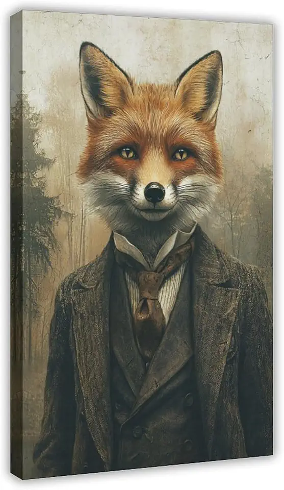 Retro Animal Portrait Art – Fox Illustration in Anthropomorphic Style, Unique Gift for Nature And Art Lovers Canvas Poster Wall Art Decor Print Picture Paintings for Living Room Bedroom Decoration 20x