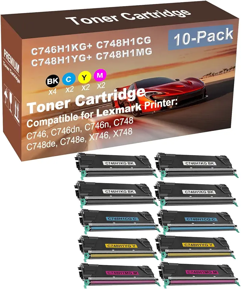 10-Pack (4BK+2C+2Y+2M) CompatibleC748, C748de, C748e Printer Toner Cartridge High Capacity Replacement for C746H1KG+ C748H1CG+ C748H1YG+ C748H1MG Toner Cartridge