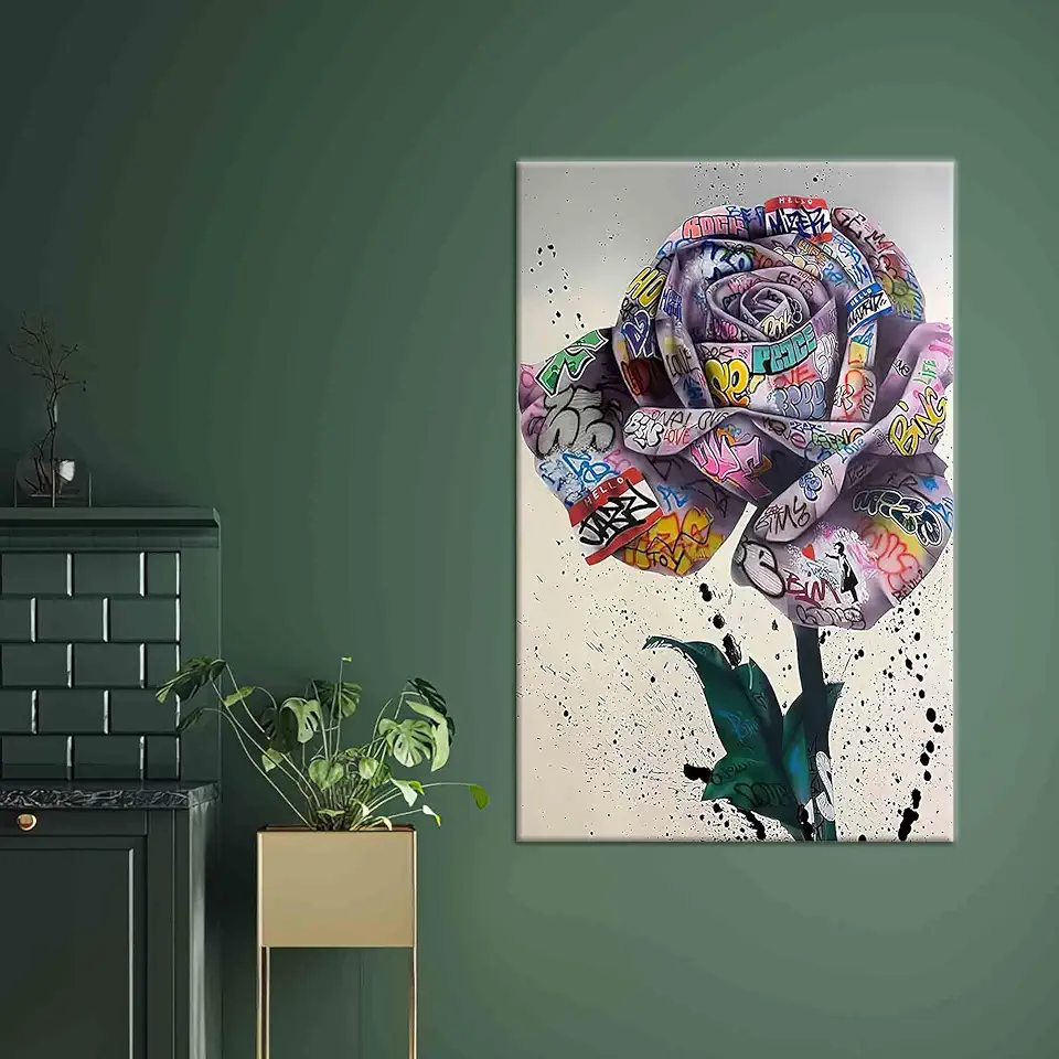 Banksy Inspired Rose Graffiti Artistic Print On Canvas For Modern Home And Office Wall Decor With Urban Style - 1PC - 100x235