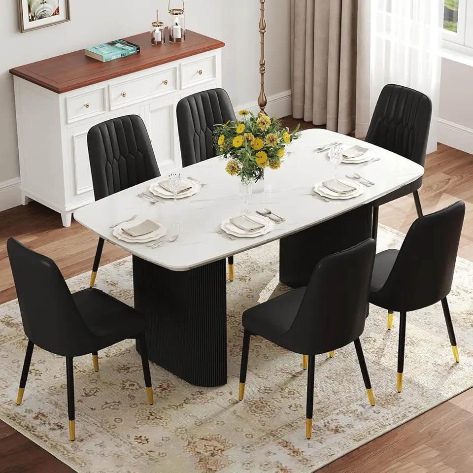 Ebullient White Marble Dining Table Set for 6, 67'' Modern Oval Dining Table Set with 3.5'' Thick White Marble-Patterned Tabletop and Matte Black Column Legs, 7 Piece Kitchen Table Set