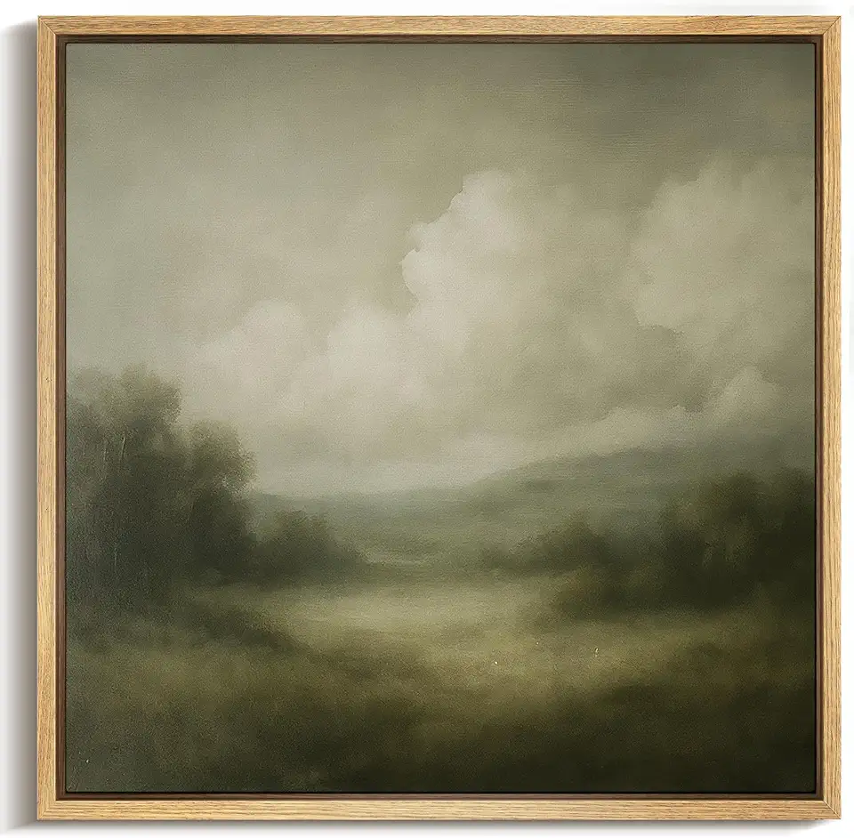 Sponsored Ad - MUDECOR Framed Canvas Print Wall Art Peaceful Cloudy Meadow in Soft Green Tones Illustrations Modern Art Group Colorful for Living Room, Bedroom, Office - 24