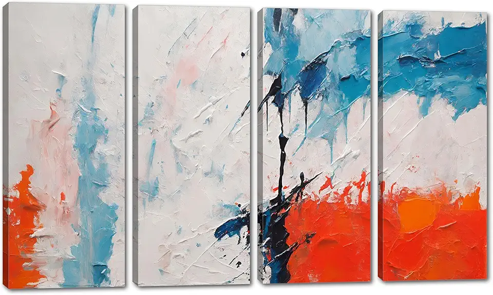 80 x 50 TOTAL - Abstract Canvas Wall Art Print 4 Panel Split Impasto Style Blue, Red on white- Flat 2D Giclee
