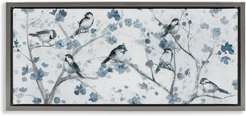 Stupell Industries Birds on Dappled Branches Gray Framed Floater Canvas Wall Art Design by Nan, 31 x 14