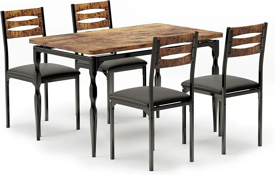 GAOMON Industrial 5-Piece Dining Table Set for 4 with Cushioned Chairs – Kitchen Table Set with Spiral Leg Design Table & Chairs for Kitchen, Dining Room & Apartment（Brown & Black）