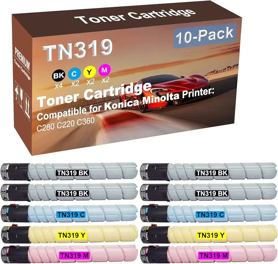10-Pack (4BK+2C+2Y+2M) Compatible C280 C220 C360 Printer Toner Cartridge High Capacity Replacement for Konica Minolta TN319 (TN319K+ TN319C+ TN319Y+ TN319M) Toner Cartridge