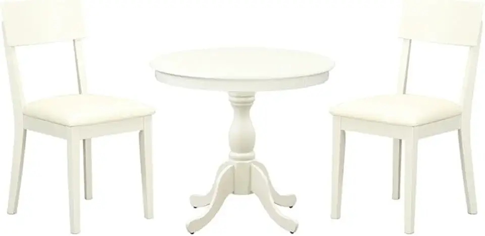 East West Furniture AMAD3-LWH-LC 3 Piece Dining Room Furniture Set Contains a Round Kitchen Table with Pedestal and 2 Faux Leather Upholstered Dining Chairs, 36x36 Inch, Linen White