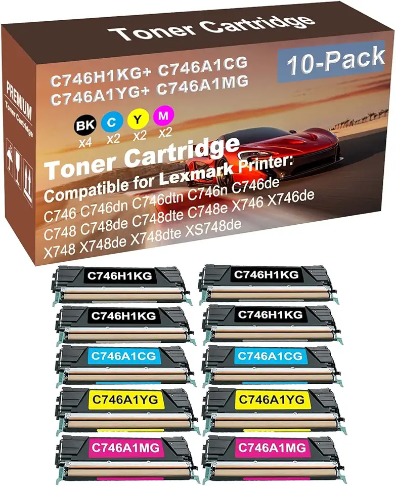 10-Pack (4BK+2C+2Y+2M) Compatible High Yield C746H1KG+ C746A1CG+ C746A1YG+ C746A1MG Laser Printer Toner Cartridge Used for X746de X748 X748de X748dte XS748de Printer