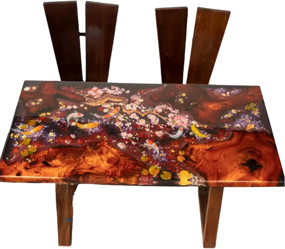 Japan Fish and Cherry blossom Table, Customized Live Edge Table, Personalized Table, Coffee Desk, Kitchen Table, River Flower Table, Round Table, Unique Home Gift, Japan Art (40x80 inch.)