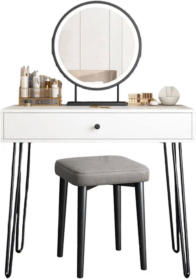 Dressing Table,Set with Lighted Mirror, 3-Color Touch Screen dimming Mirror, Adjustable Brightness, Bedroom Dressing Table with 2 Drawers and Padded Stool for Girls and Women