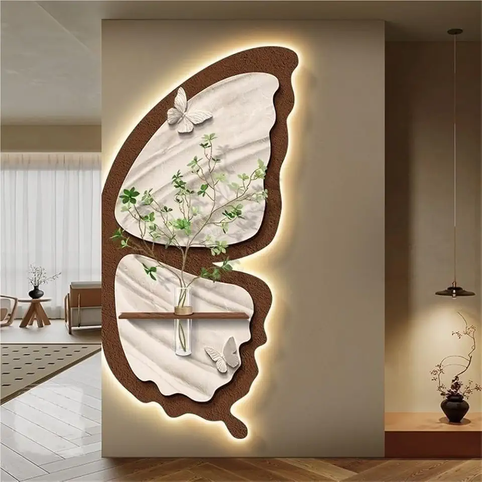 Plug-in Sandstone Wall Decor, 3D Decorative Painting with LED Lights & Vase, Creative Butterflies Wall Hanging for Living Room, Bedroom, and Entrance (Brown, XX-Large)(Brown,XX-Large)