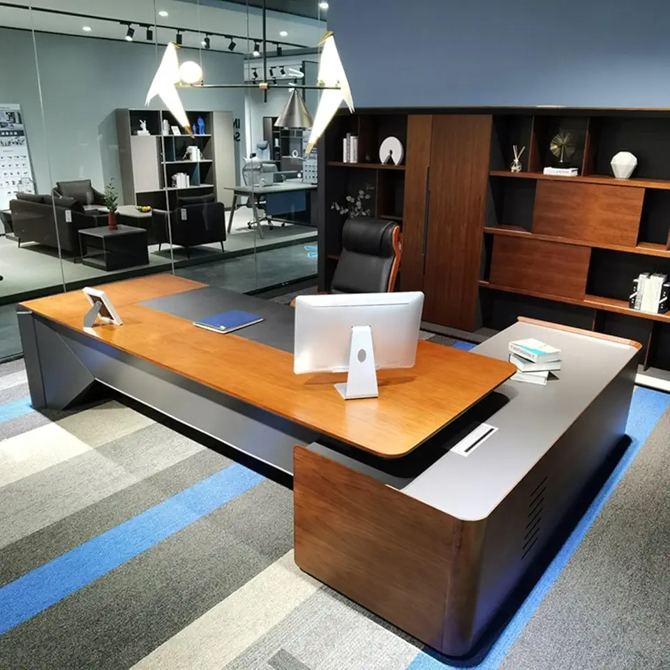 OUDINI Rectangular L Shaped Desk Executive Desk Mid Century Modern Writing Study Desk Extra Large Workstation Business Furniture Set