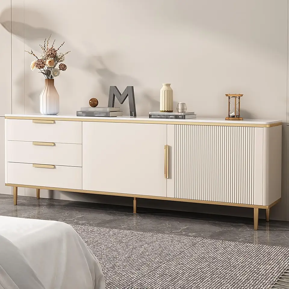 TV Stand, Media-Console Table, Rock Slab Tabletop, Tall TV Cabinet with Cable Hole, Modern Entertainment Center, 3 Drawers, Easy to Install, 160×40×70 cm(Beige)