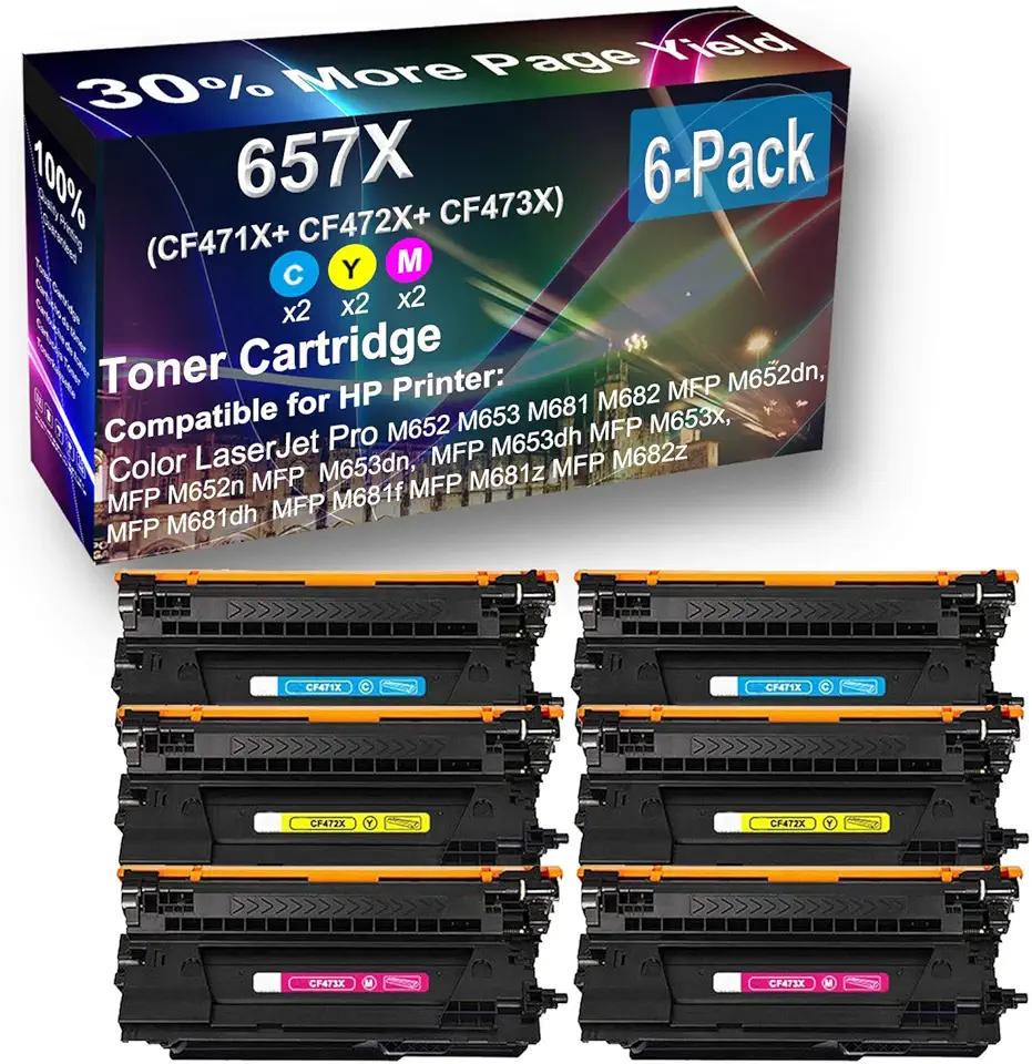 6-Pack (2C+2Y+2M) Compatible MFP M652n, MFP M653dn, Printer Toner Cartridge High Capacity Replacement for HP (CF471X CF472X CF473X) 657X Toner Cartridge