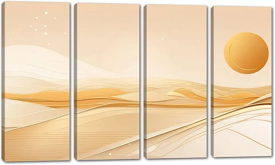 80 x 50 TOTAL - Abstract Landscape Canvas Wall Art Minimalist Print cream-gold hills and sun - 4 Panel Split