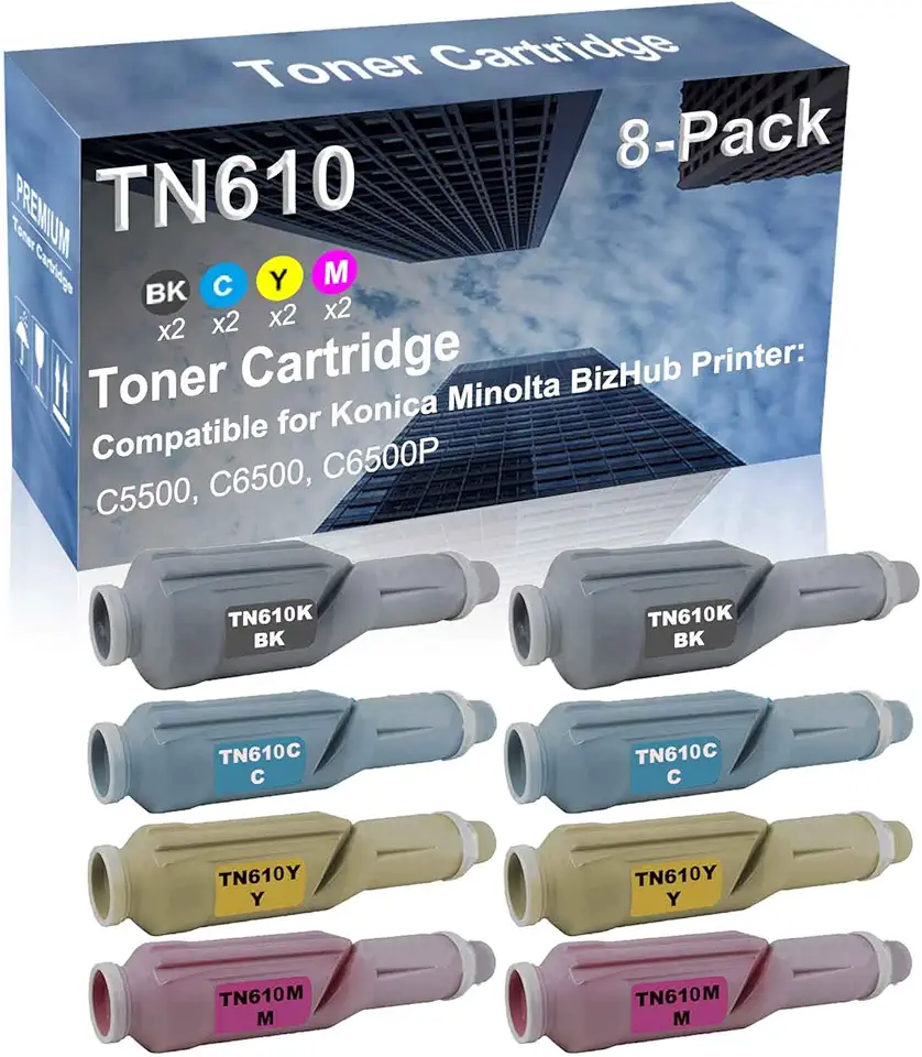 8-Pack (2BK+2C+2Y+2M) Compatible High Yield TN610 (TN610K+ TN610C+ TN610Y+ TN610M) Laser Printer Toner Cartridge Used for Konica Minolta BizHub C5500, C6500, C6500P Printer