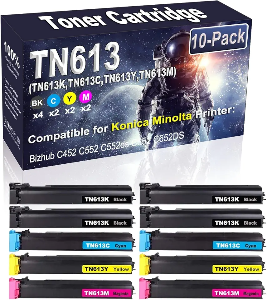 10-Pack (4BK/2C/2Y/2M) Compatible TN-613 TN613 (TN-613K TN-613C TN-613Y TN-613M) Laser Toner Cartridge Replacement for Konica Minolta Bizhub C452 C552 C552ds C652 C652DS Printer
