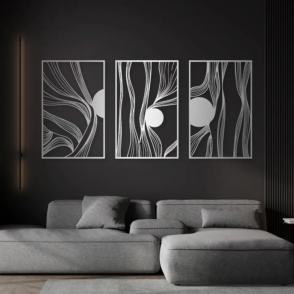 3Pcs Geometrical Metal Wall Decor, Geometric Wall Art, Modern Wall Decor, Modern Metal Wall Art, Luxury Wall Decor, Abstract Metal Wall Art, Maximalist Wall Decor, Wall Decor Living Room (Silver, 34x53in|87x135cm)