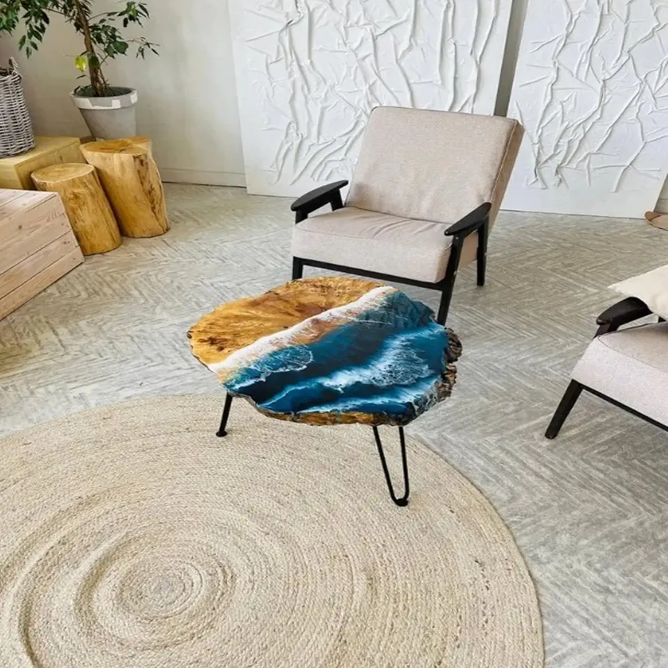 RESINHOMEFURNITURE Ocean Waves Round Live Edge Epoxy Table Dining Table with Artistic Wood Live Edge, Modern Luxury Wood Tables for Dining Room, Kitchen, Office Table (30 Inches Tall, 66 x 66 Inches)