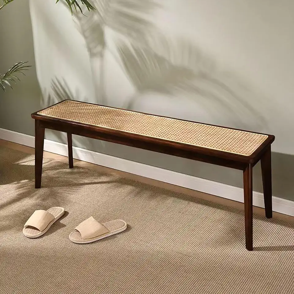 Rattan Seat Wooden Entryway Bench Indoor Kitchen Table Bench 2 Seater Wooden Dining Table Chairs for Living Room Hallway Bedroom.(Walnut,31.5x11.8x17.7in)