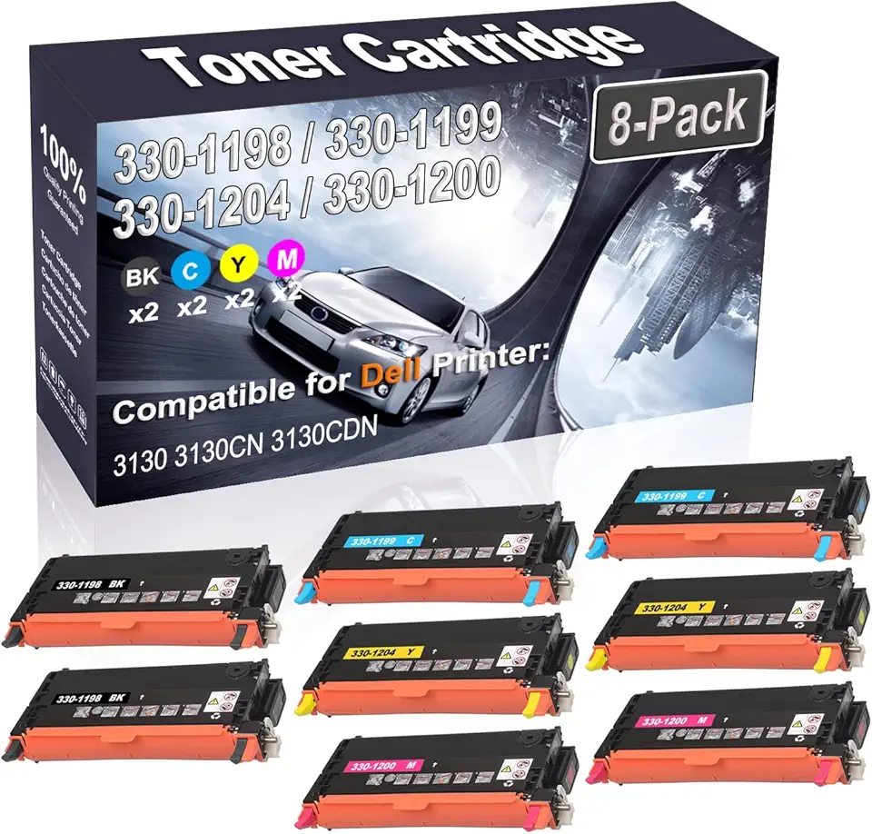 8-Pack (2BK+2C+2Y+2M) Compatible High Yield 3130 | 330-1198 330-1199 330-1204 330-1200 Printer Toner Cartridge use for Dell 3130 3130CN 3130CDN Printers