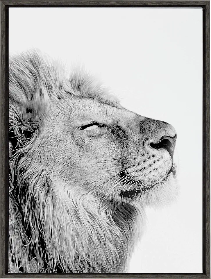 Kate and Laurel Sylvie Self Actualizing Lion Print Black and White Portrait Framed Canvas Wall Art by Amy Peterson, 23x33 Dark Grey