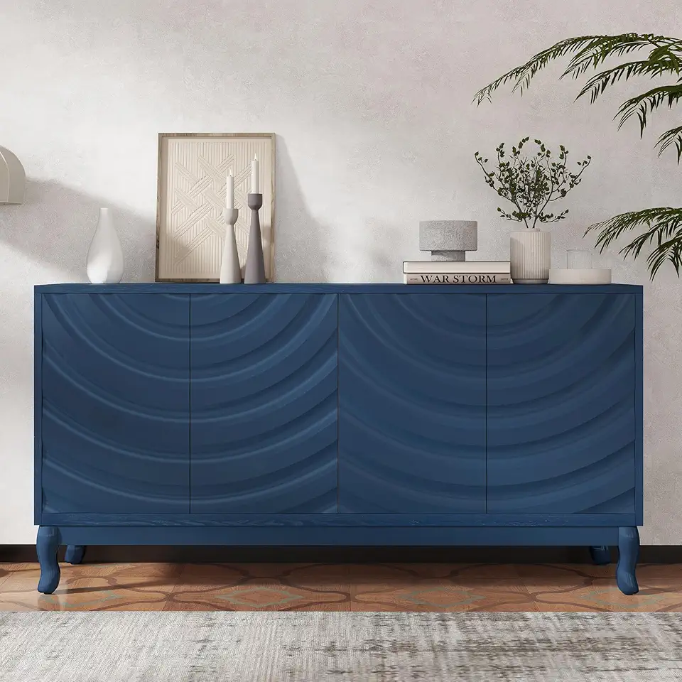 Modern Sideboard Buffet Table, 60 Inch Blue Credenza Storage Cabinet with 4 Carved Water Wave Doors for Kitchen Dining Living Room Entryway