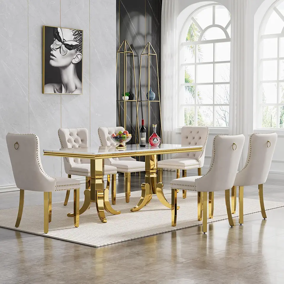 7 Piece Marble Dining Table Set for 6, 70 inch White Marble Dining Table with Gold Stainless Steel Pedestal Base, Modern Kitchen Dining Room Table Set for 6 with Beige Upholstered Velvet Tufted Chairs