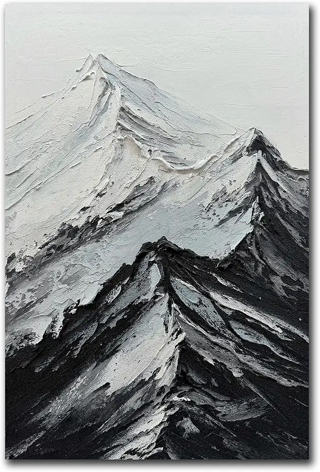 moshinart 24 x 36in Hand-Painted Oil Painting 3D Texture Black White Grey Modern Minimalist Black Abstract Wall Art, Home Office Wall Decoration Snowy Mountain