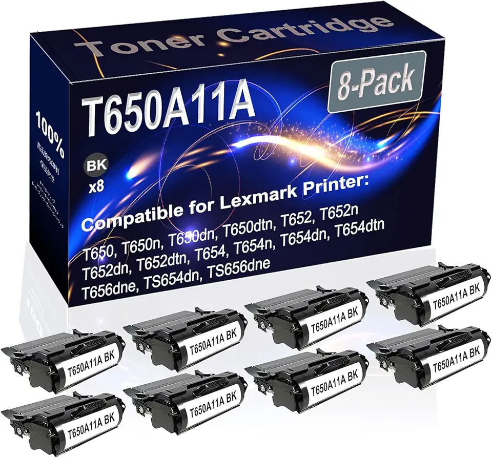 8-Pack (Black) Compatible T650A11A Printer Toner Cartridge (High Capacity) fit for T650 T650n T650dn T650dtn T652 T652n Printer