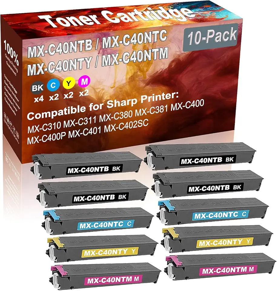 10-Pack (4BK+2C+2Y+2M) Compatible MX-C310 MX-C311 Laser Printer Toner Cartridge (High Capacity) Replacement for Sharp MX-C40NTB MX-C40NTC MX-C40NTY MX-C40NTM Printer Toner Cartridge