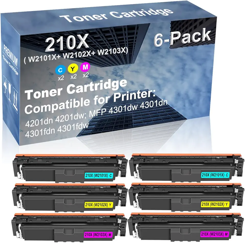 6-Pack (2C+2Y+2M) Compatible 4201dn 4201dw; MFP 4301dw 4301dn 4301fdn 4301fdw Printer Toner Cartridge High Capacity Replacement for 210X (W2101X+ W2102X+ W2103X) Toner Cartridge (with Chip)