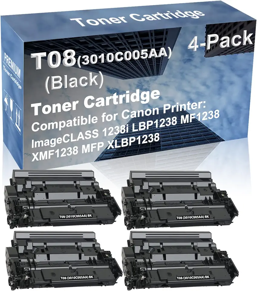 4-Pack Compatible High Yield ImageCLASS 1238i LBP1238 MF1238 XMF1238 MFP XLBP1238 Laser Printer Toner Cartridge Replacement for Canon T08 (3010C005AA) Printer Cartridge (Black)