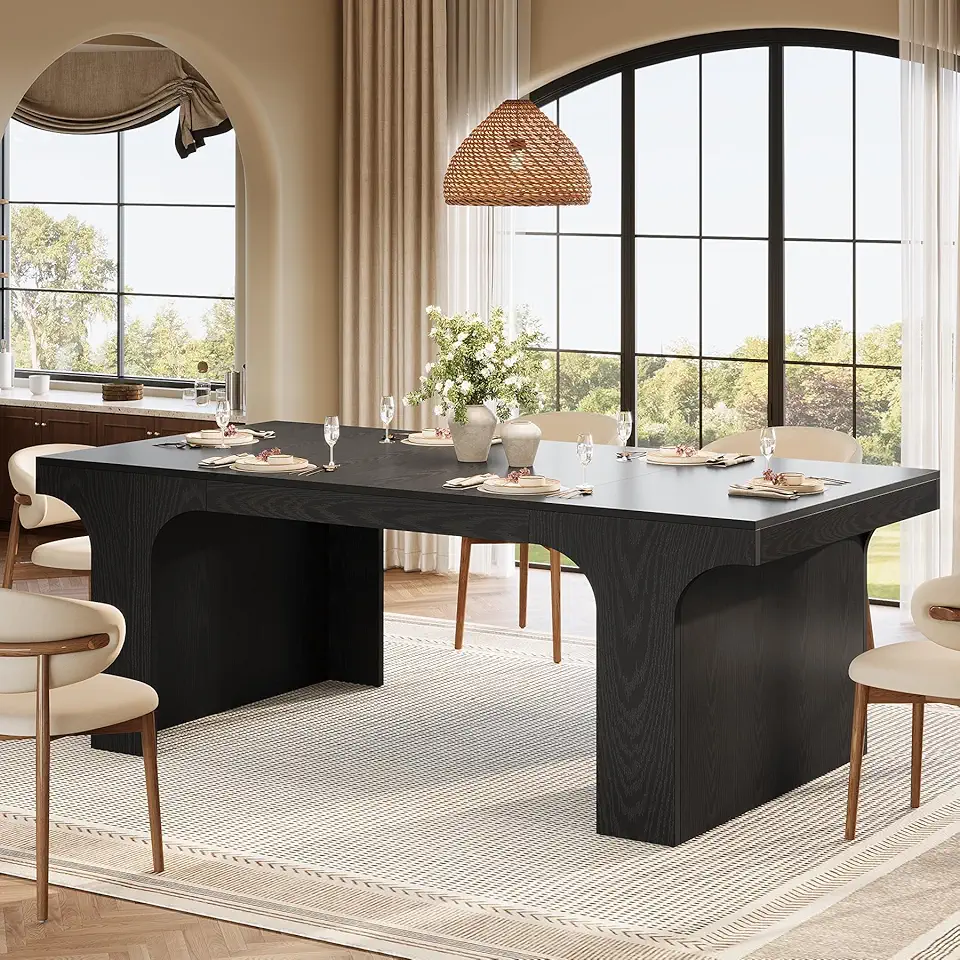 Tribesigns 71-Inch Large Dining Table for 6-8, Farmhouse Wooden Kitchen Table with Arched Design, Rectangular Dining Furniture with Double Pedestal for Dinner Room, Black