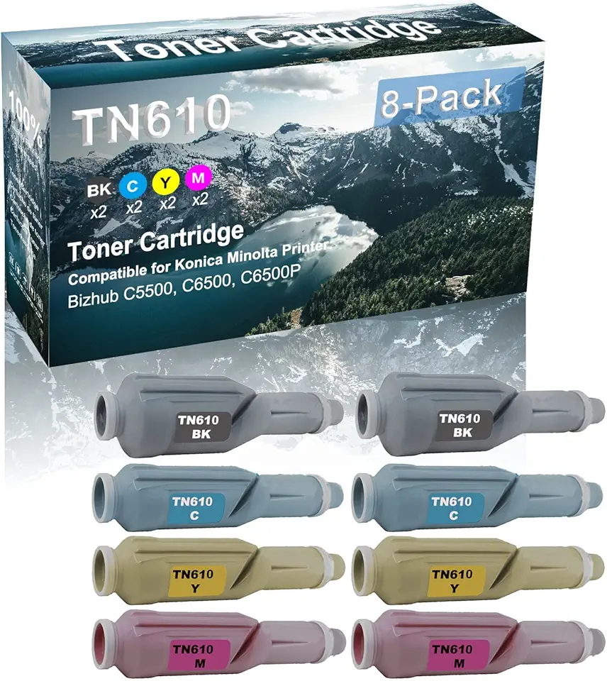 8 Pack (BK+C+Y+M) Compatible Printer Toner Replacement for Konica Minolta TN610 | TN610K TN610C TN610Y TN610M Printer Cartridge use for Konica Minolta BizHub C5500 C6500 C6500P Printer