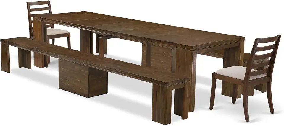 X02X1-208-04 5-Pc Dining Table Set contains an Extendable Rectangle Kitchen Table and 2 Stackable Polyester Dining Chairs and 2 Benches, 39x120 Inch, Antique Walnut