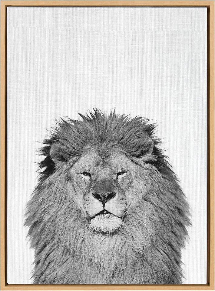 Kate and Laurel Sylvie Lion Animal Print Black and White Portrait Framed Canvas Wall Art by Simon Te Tai, 23x33 Natural