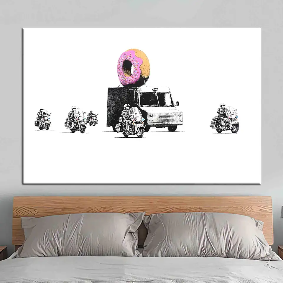 Artistic Donut Graffiti Print In Pink Ideal For Modern Home Decoration On Stretched Canvas Featuring Banksy-Inspired Street Art Style Without Frame - 1PC - 100x235