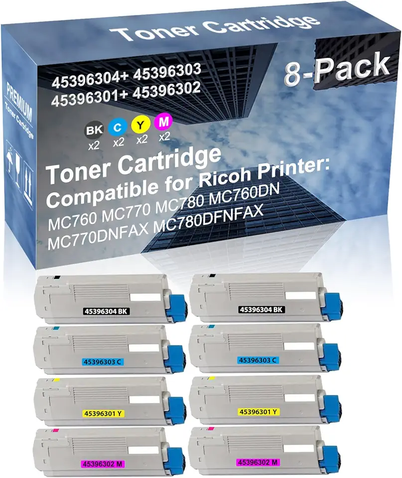 8-Pack (2BK+2C+2Y+2M) Compatible High Yield 45396304+ 45396303+ 45396301+ 45396302 Laser Printer Toner Cartridge Used for MC760 MC770 MC780 MC760DN MC770DNFAX MC780DFNFAX Printer