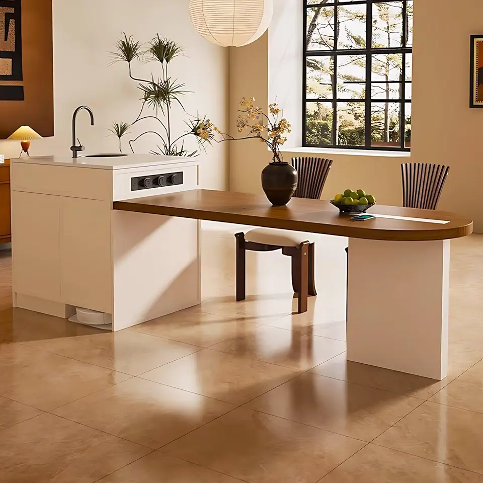 Kitchen Island - Island with Extendable Dining Table Includes Log Style Tabletop,Pull-Out Kitchen Cabinets with Storage Includes Integrated Sink(No Chair 90.55IN)