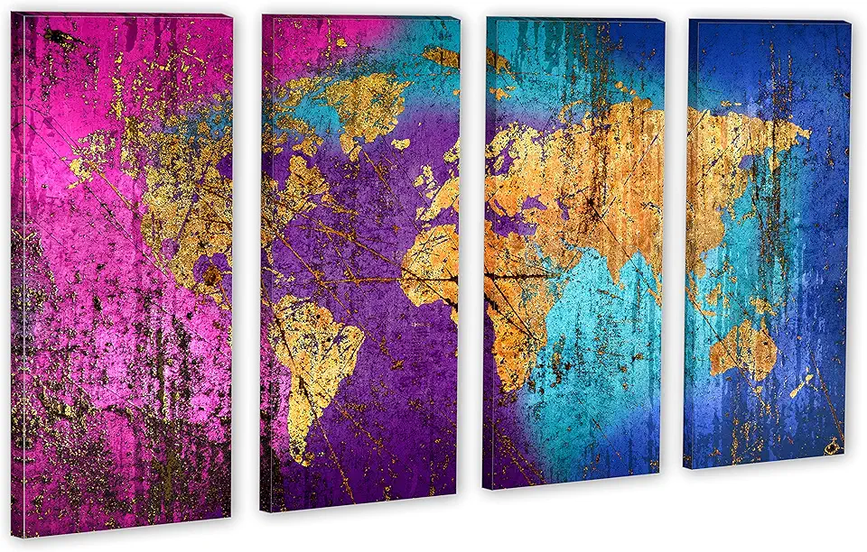 80 x 50 TOTAL - Abstract Mixed Art World Map, Canvas Print - 4 Panel Split Wall Art for interior design