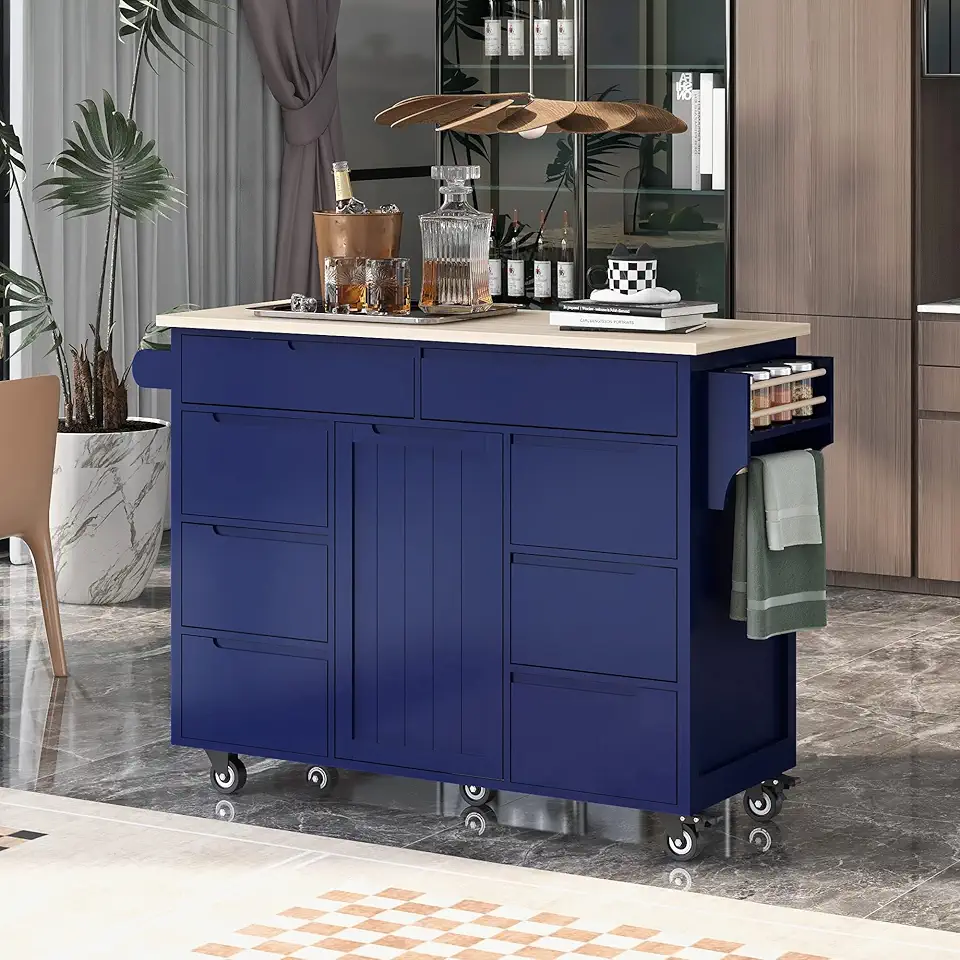 Kitchen Island Cart with Storage- Rolling Cart Buffet Sideboard with Drawers,Portable Wood Coffee Bar Cabinet,Mobile Island on 5 Wheels,Moveable Microwave Table for Dining/Living Room (Blue)