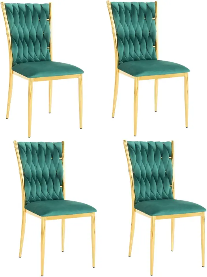 Henf Woven Tufted Dining Chair Set of 4, Modern Upholstered Side Chair for Living Room, Soft Desk Makeup Chair for Bedroom, Velvet Armless Dining Chair with Metal Frame (4, Green&Gold)