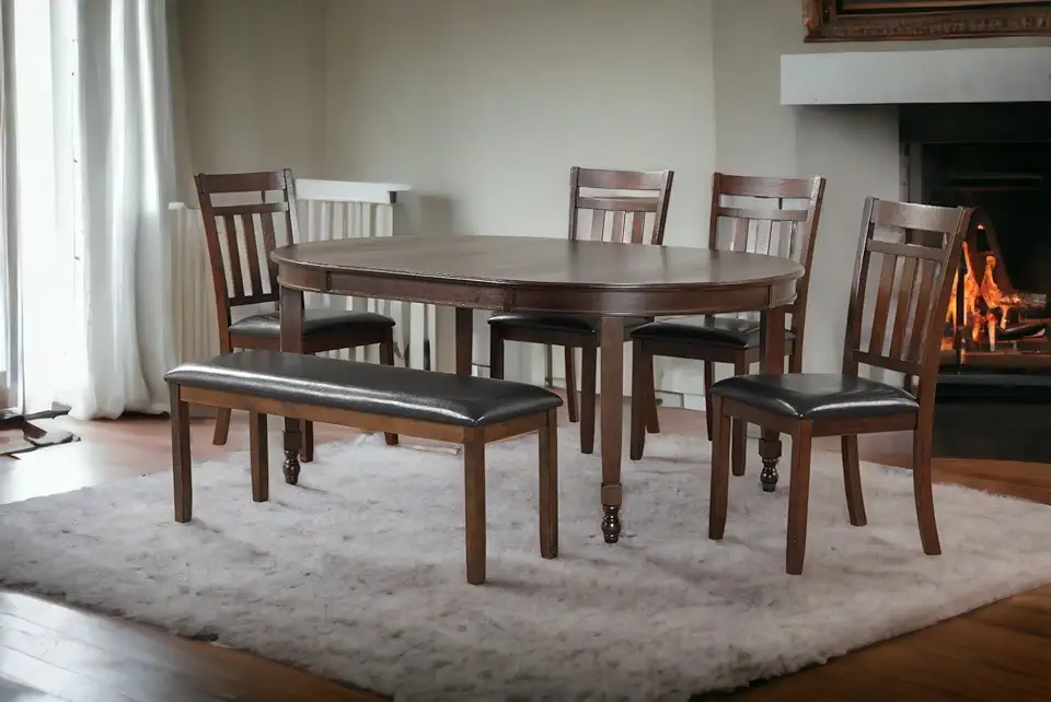 Dining Room Table Set for 6, Kitchen Table with Bench and Chairs Set (Set of 6) Dinette Table with Chairs and Bench in Rich Oak (Oval Dark Walnut)