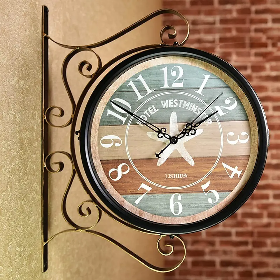 Wall Clock Art Clock Outdoor Garden Wall Clock Wrought Iron Retro Double Sided Station Clock Garden Clock 360° Rotation Waterproof Outdoor Clock Decor Clock Wall Decoration Clock