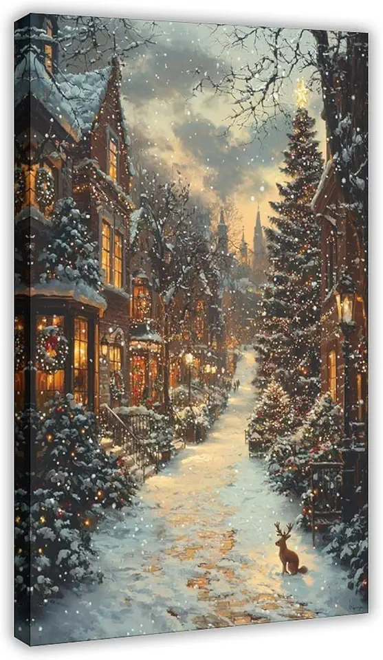 ZMLIS Vintage Christmas Wall Art – European Snowy Street, Festive Trees & Deer Canvas Poster Bedroom Decor Sports Landscape Office Room Decor Gift Frame 20x30inch