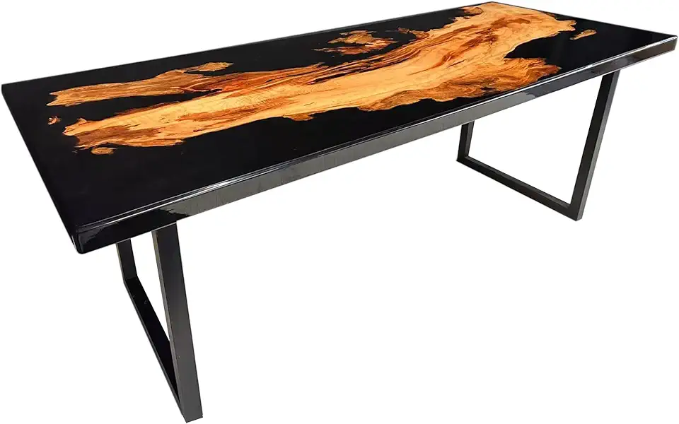 Epoxy Resin Table, Modern Dining Table, Black Kitchen Table, Walnut Wood Table for Dining & Living Room with Metallic Legs, Rectangle Table for Home Decor (86''x35'')