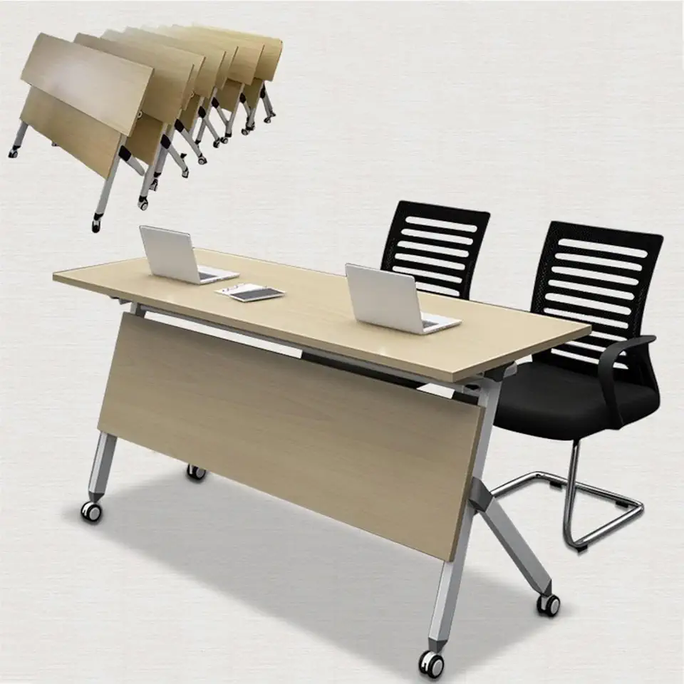 Folding Conference Table, Rectangular Training Portable Flip-Top Desk with Caster Wheels, Computer for Offices Meeting Rooms Classrooms School