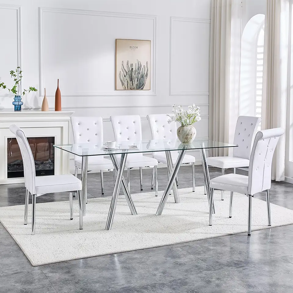 LKTART Glass Dining Table Set for 6, Gold Dining Room Table Set with Crocodile Leather Chairs, Modern Glass Kitchen Table and Chair Set for Kitchen Home Office