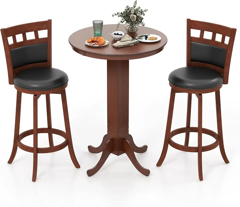 Giantex 3-Piece Bar Table and Chairs Set, Dining Table Set with 2 Swiveling Bar Stools, Round Kitchen Table, Rubber Wood Frame, Dinette Set for Living Room, Dining Room, Restaurant, Bar, Espresso