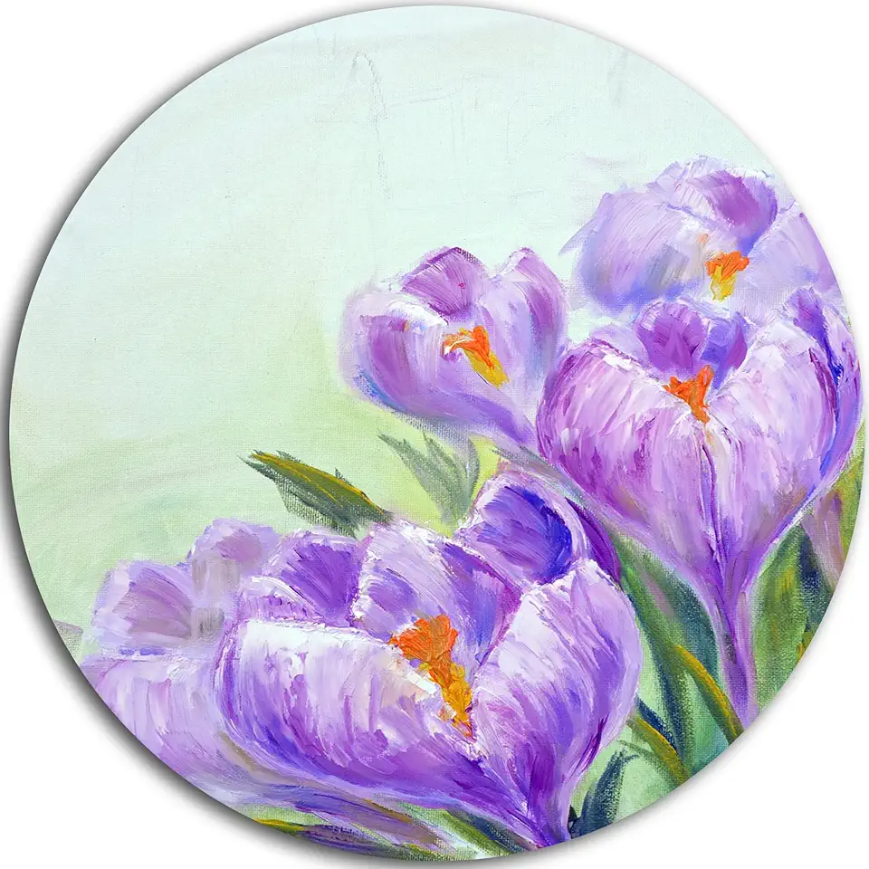 Designart Crocuses Looking into Sky Floral Metal Wall Art-Disc of 23 inch, 23X23-Disc, Purple/Green